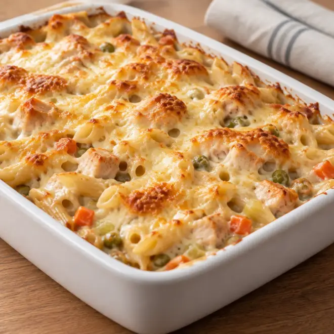 Gratin de pâtes au poulet facile et crémeux