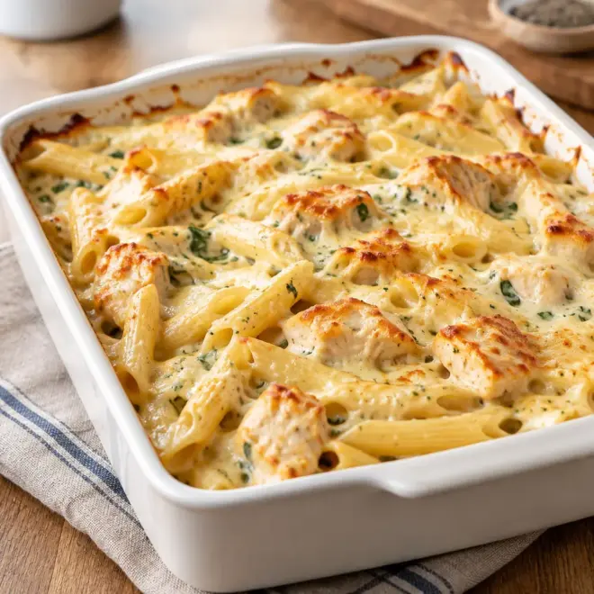 Gratin de pâtes au poulet crémeux et doré