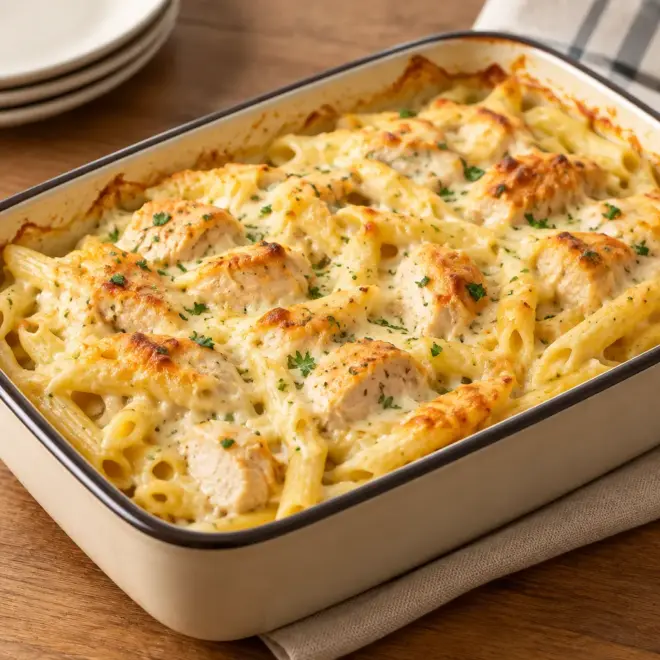Gratin de pâtes au poulet facile et crémeux