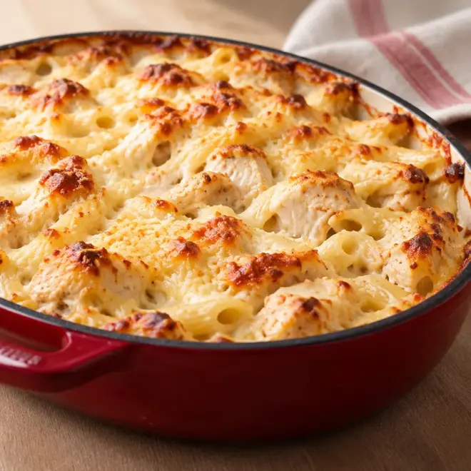 Gratin de pâtes au poulet facile et crémeux