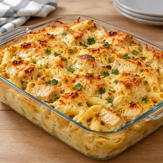 Gratin de pâtes crémeux, recette facile au poulet
