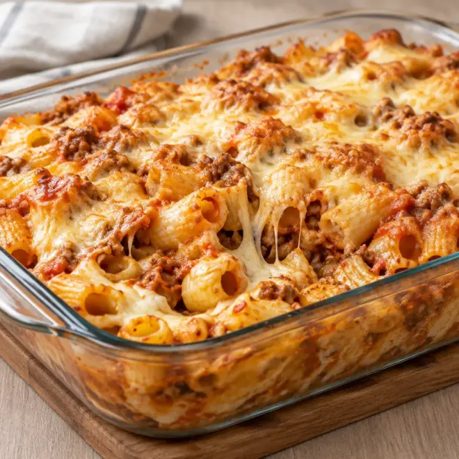 Gratin de pâtes facile à la viande et mozzarella