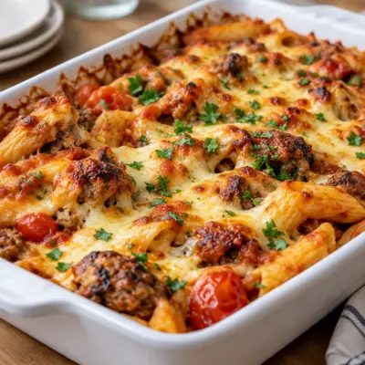 Gratin de penne facile, bœuf et fromage doré