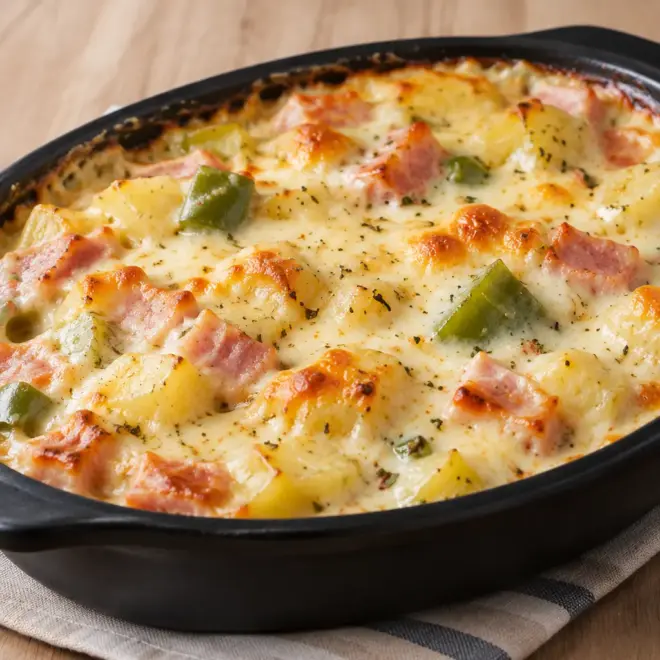 Gratin de pommes de terre, jambon et fromage
