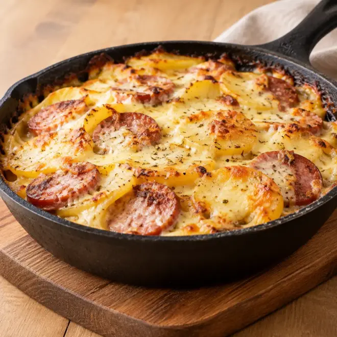 Gratin de pommes de terre au saucisson, crémeux et doré