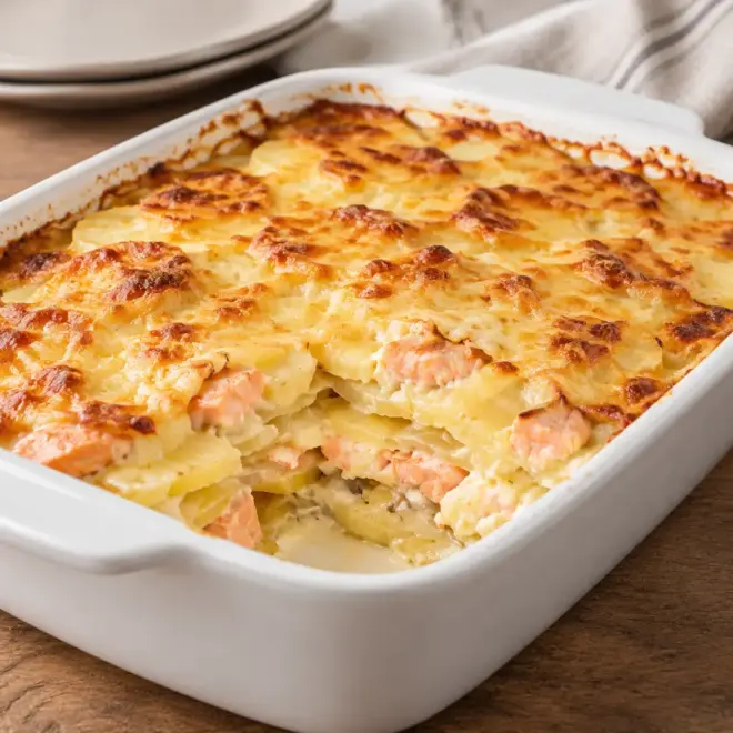 Gratin de pommes de terre au saumon crémeux