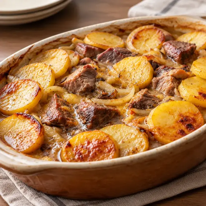 Gratin de pommes de terre et bœuf fondant