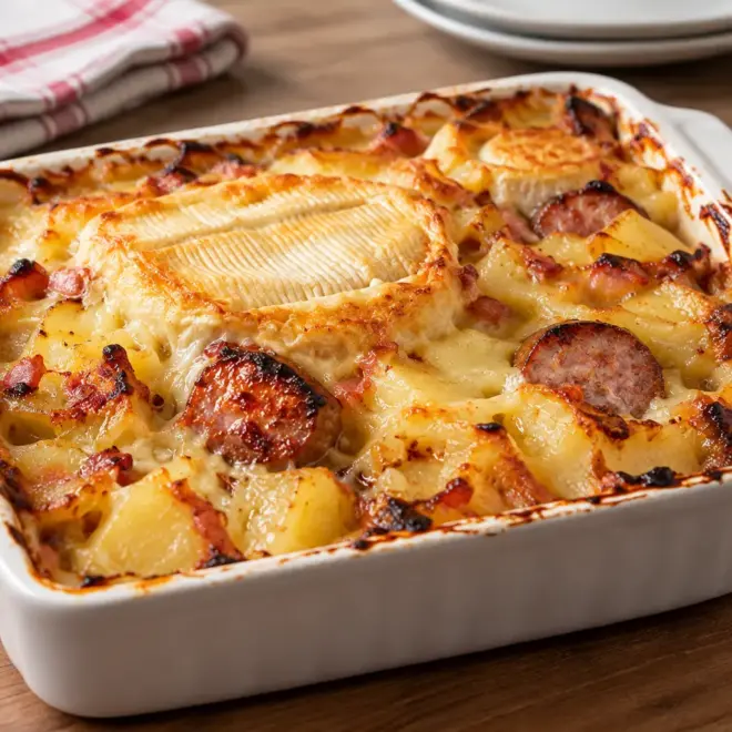 Gratin de pommes de terre, saucisson et fromage