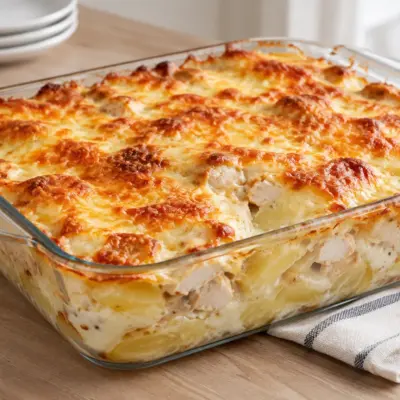 Gratin de poulet crémeux, pommes de terre fondantes