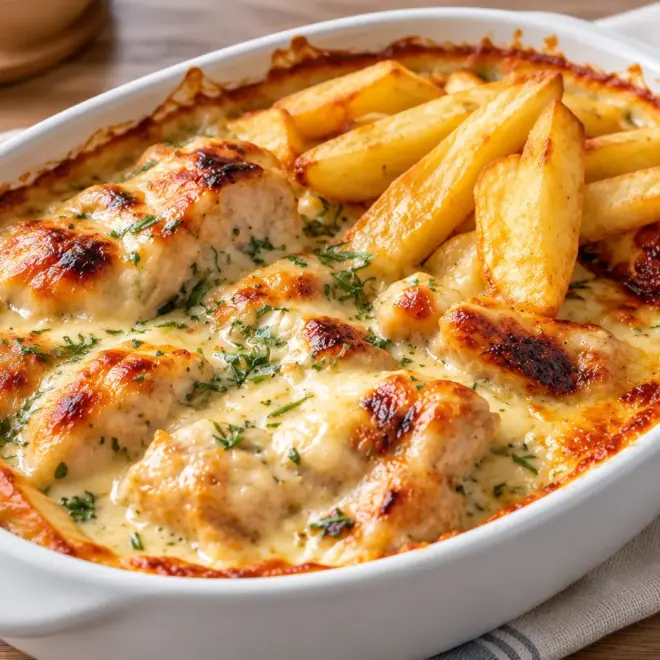 Gratin de poulet et frites au fromage facile