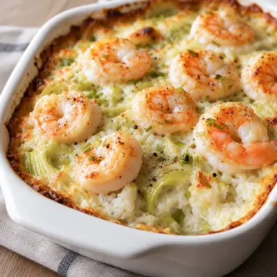 Gratin de riz : crevettes, poireaux et crème