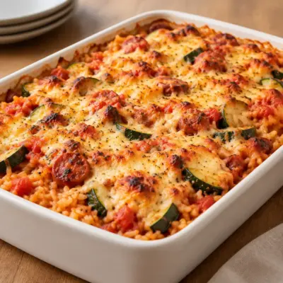 Gratin de riz facile aux saucisses et courgettes