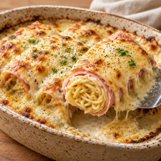 Gratin de rouleaux de spaghetti facile et crémeux