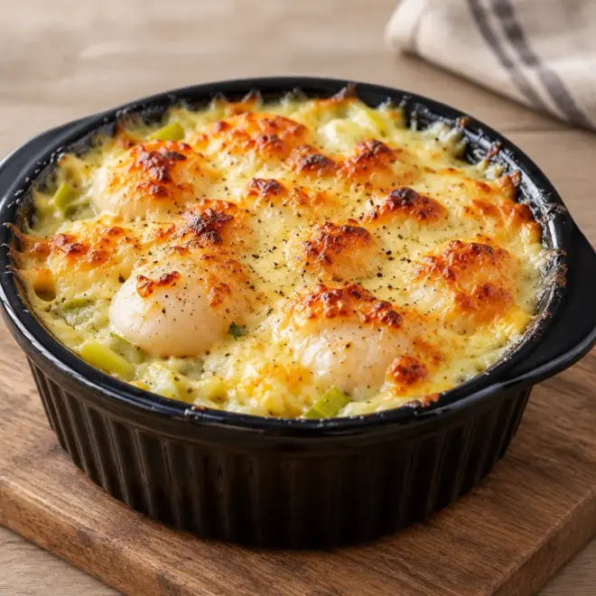 Gratin de Saint-Jacques aux poireaux crémeux
