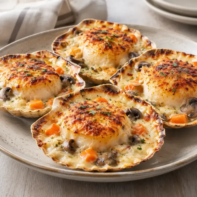 Gratin de Saint-Jacques, crémeux et doré
