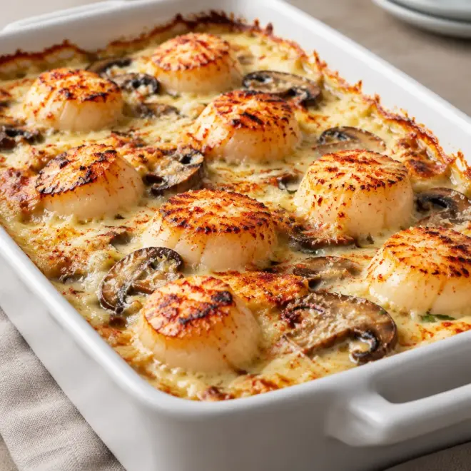 Gratin de Saint-Jacques aux champignons, fondant et doré
