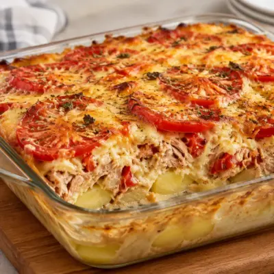 Gratin de thon facile, tomates et fromage doré