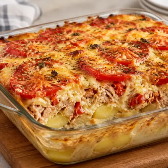 Gratin de thon facile, tomates et fromage doré