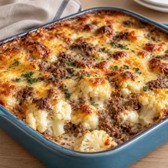 Gratin de viande hachée, chou-fleur et cheddar