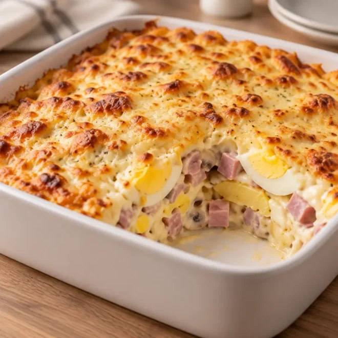 Gratin d’œufs durs au jambon, crémeux et doré