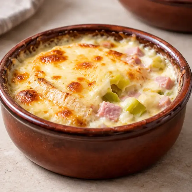 Gratin de poireaux facile, jambon et fromages