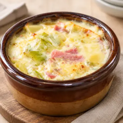 Gratin poireaux jambon pommes de terre crémeux