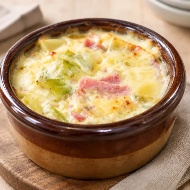 Gratin poireaux jambon pommes de terre crémeux