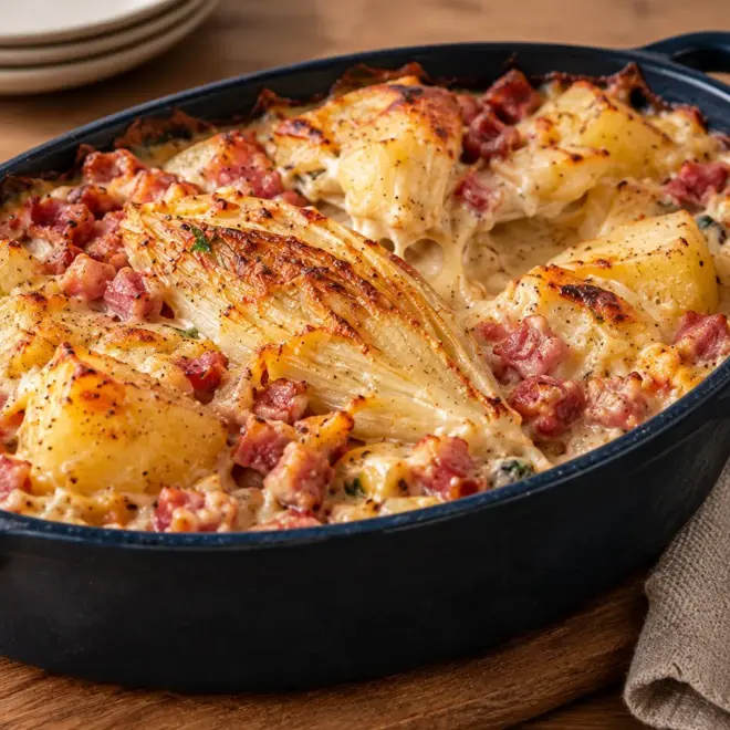 Gratin pommes de terre endives bacon crémeux