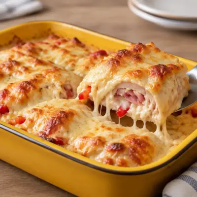 Gratin roulé de poulet, jambon et fromage