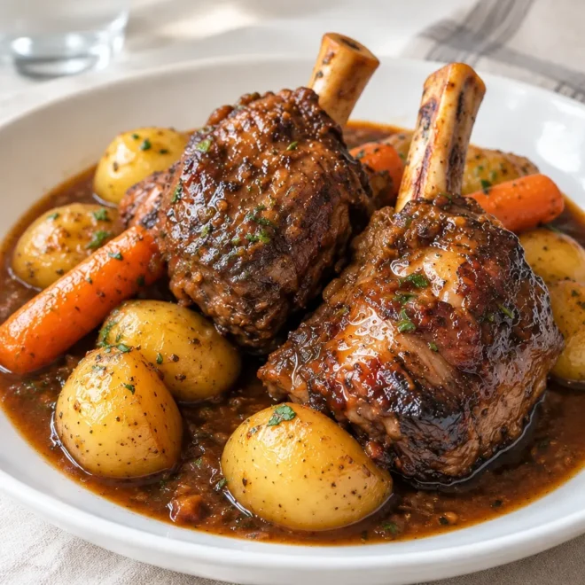 Jarrets d’agneau braisés, fondants et bien dorés