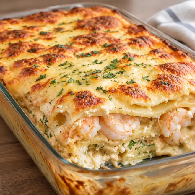 Lasagnes aux crevettes crémeuses et gratinées