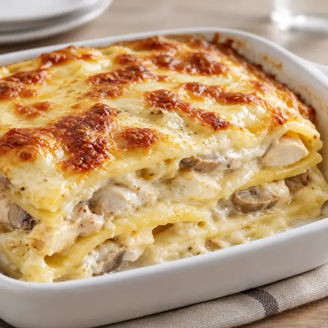 Lasagnes crémeuses au poulet, gratinées et fondantes