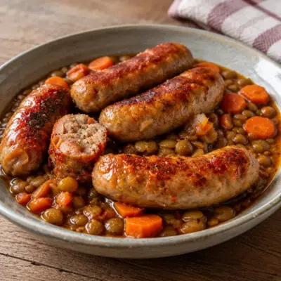 Lentilles aux saucisses faciles en cocotte