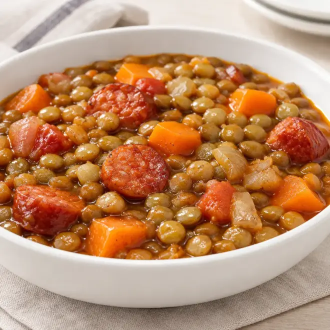 Lentilles aux saucisses faciles en cocotte