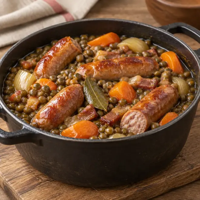 Lentilles vertes recette aux saucisses de Toulouse