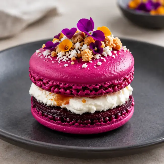 Macarons betterave chèvre, coques magenta