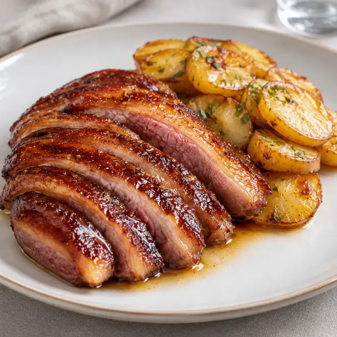 Magret de canard laqué, peau croustillante et chair rosée