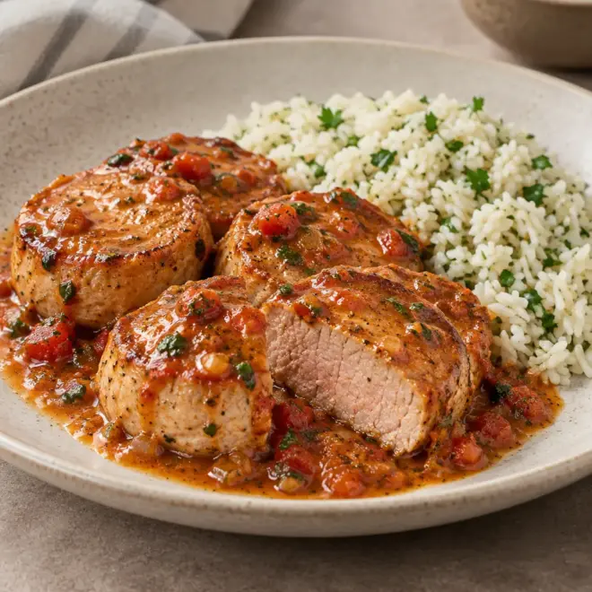Médaillons de porc, sauce crémeuse et riz parfumé