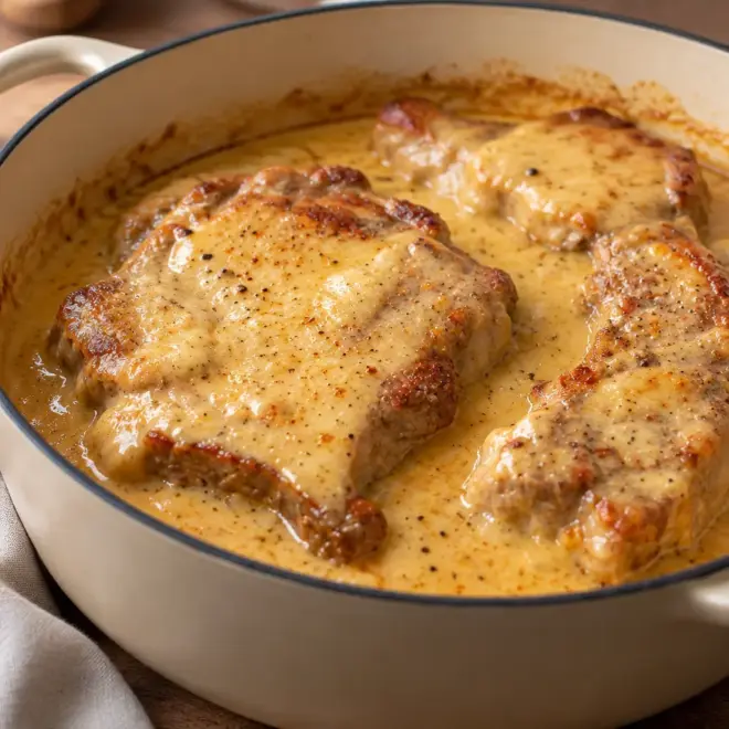 Mijoté de porc crémeux, doré et nappé de fromage