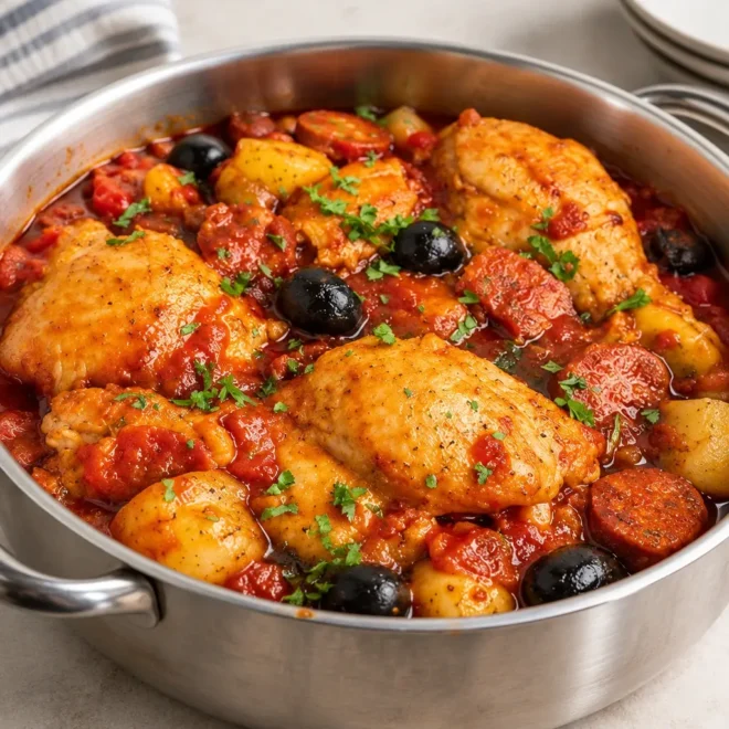 Mijoté de poulet au chorizo facile en cocotte