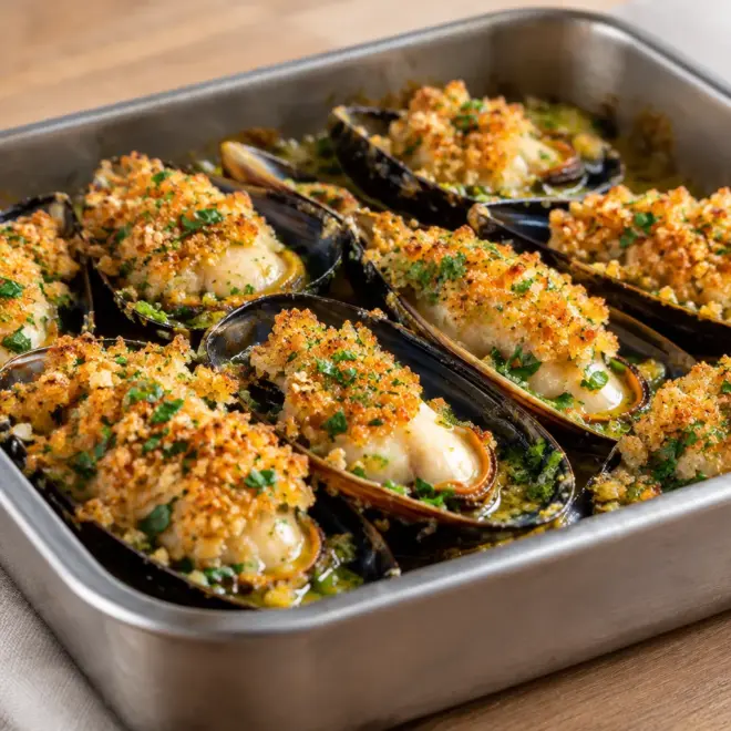 Moules gratinées recette dorée aux herbes