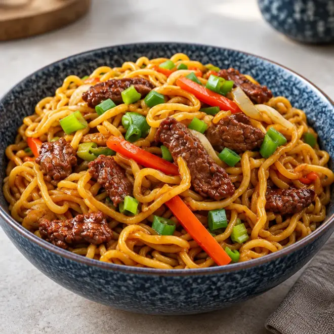 Nouilles Lo Mein au bœuf, brillantes et croquantes