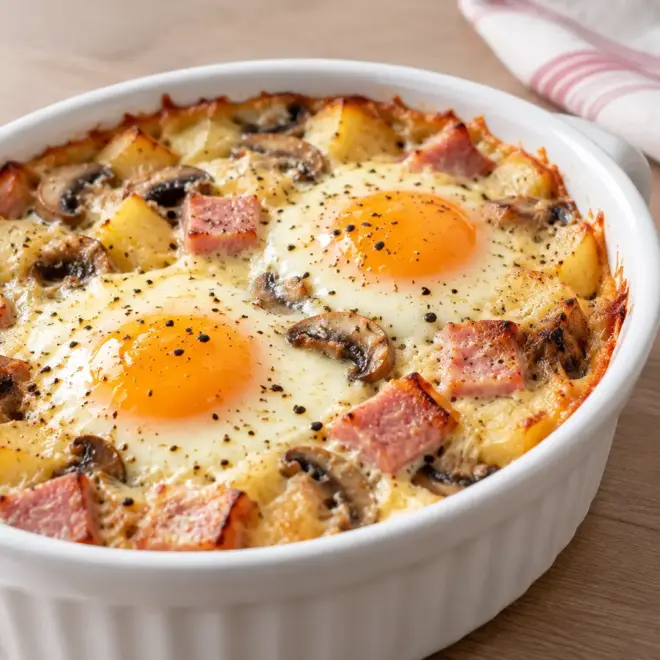 Œufs cocotte recette facile, pommes de terre et jambon
