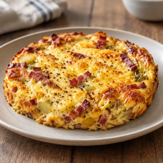 Omelette pommes de terre au jambon gratinée