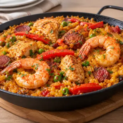 Paella mixte recette au poulet et crevettes