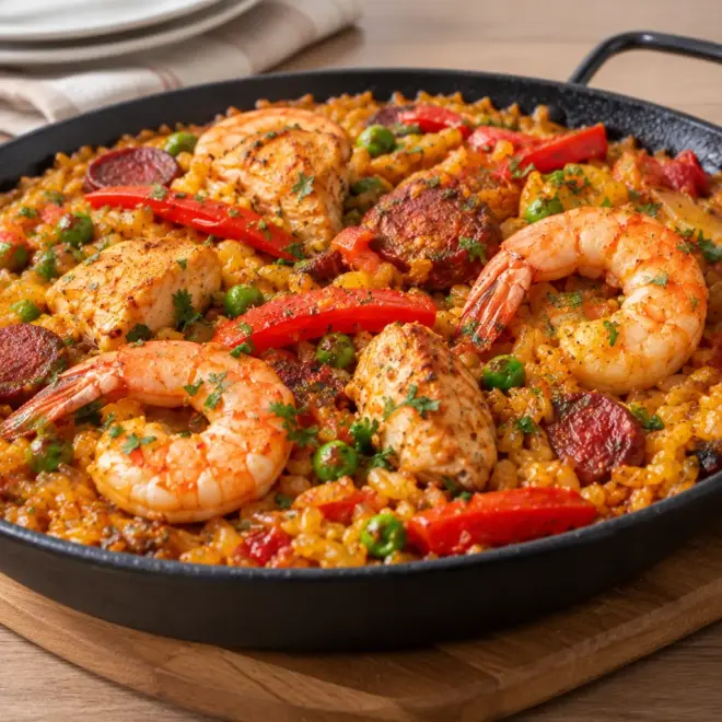Paella mixte recette au poulet et crevettes