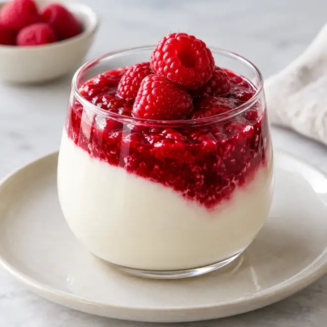 Panna cotta aux framboises, crémeuse et brillante
