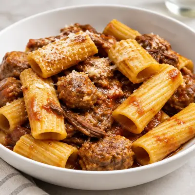 Pâtes au bœuf mijoté et boulettes faciles