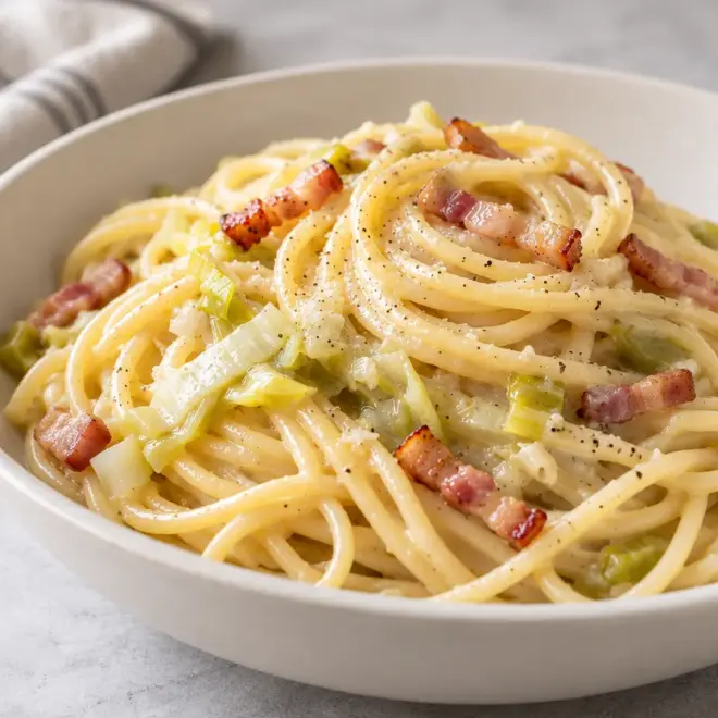 Pâtes crémeuses : poireaux et lardons