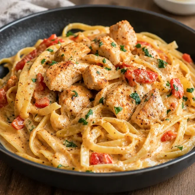 Pâtes crémeuses au poulet cajun, dorées et fondantes